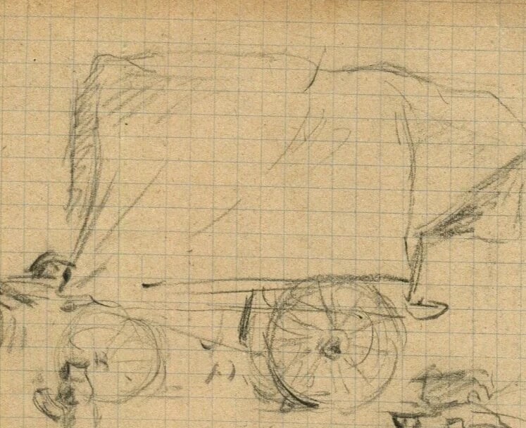 Vintage Pencil Original Drawing Caravan, Plow Sketch, Life Scene - 2