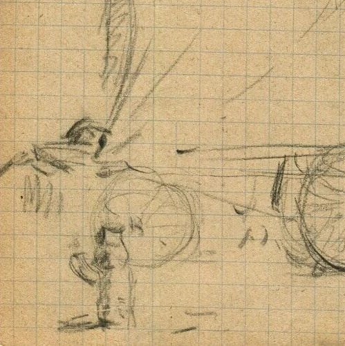 Vintage Pencil Original Drawing Caravan, Plow Sketch, Life Scene - 3