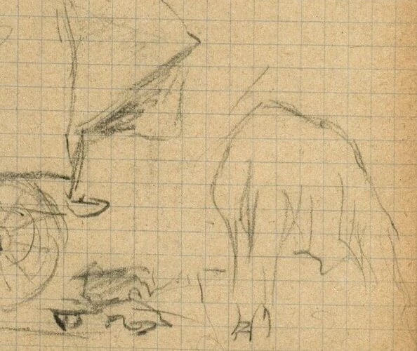 Vintage Pencil Original Drawing Caravan, Plow Sketch, Life Scene - 4