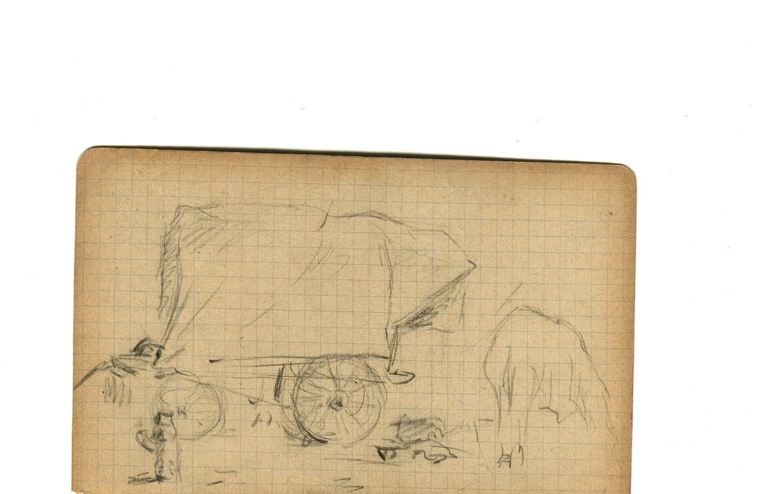 Vintage Pencil Original Drawing Caravan, Plow Sketch, Life Scene - 6