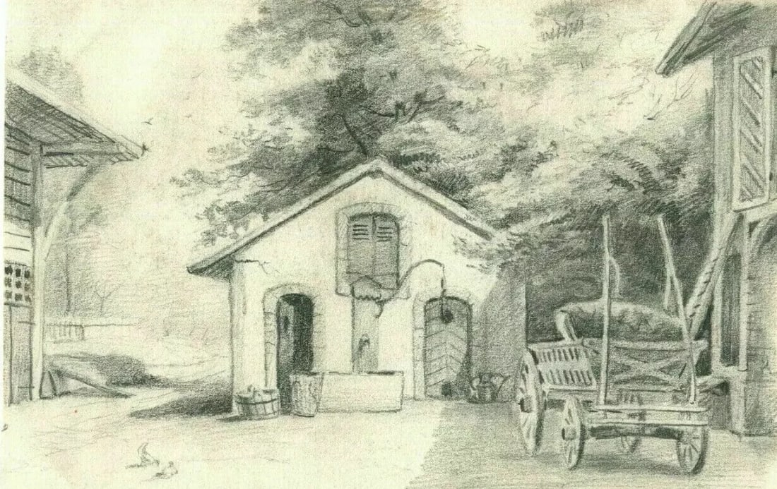 Antique Original Pencil Drawing Sketch Poultry, Courtyard, Lignon (1 of 8)