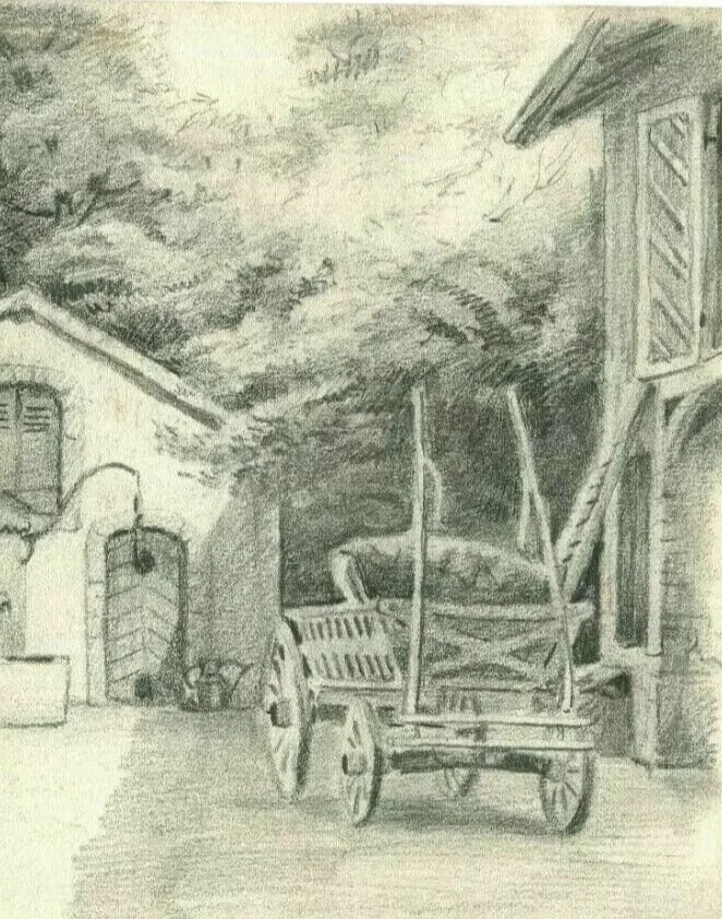 Antique Original Pencil Drawing Sketch Poultry, Courtyard, Lignon - 4