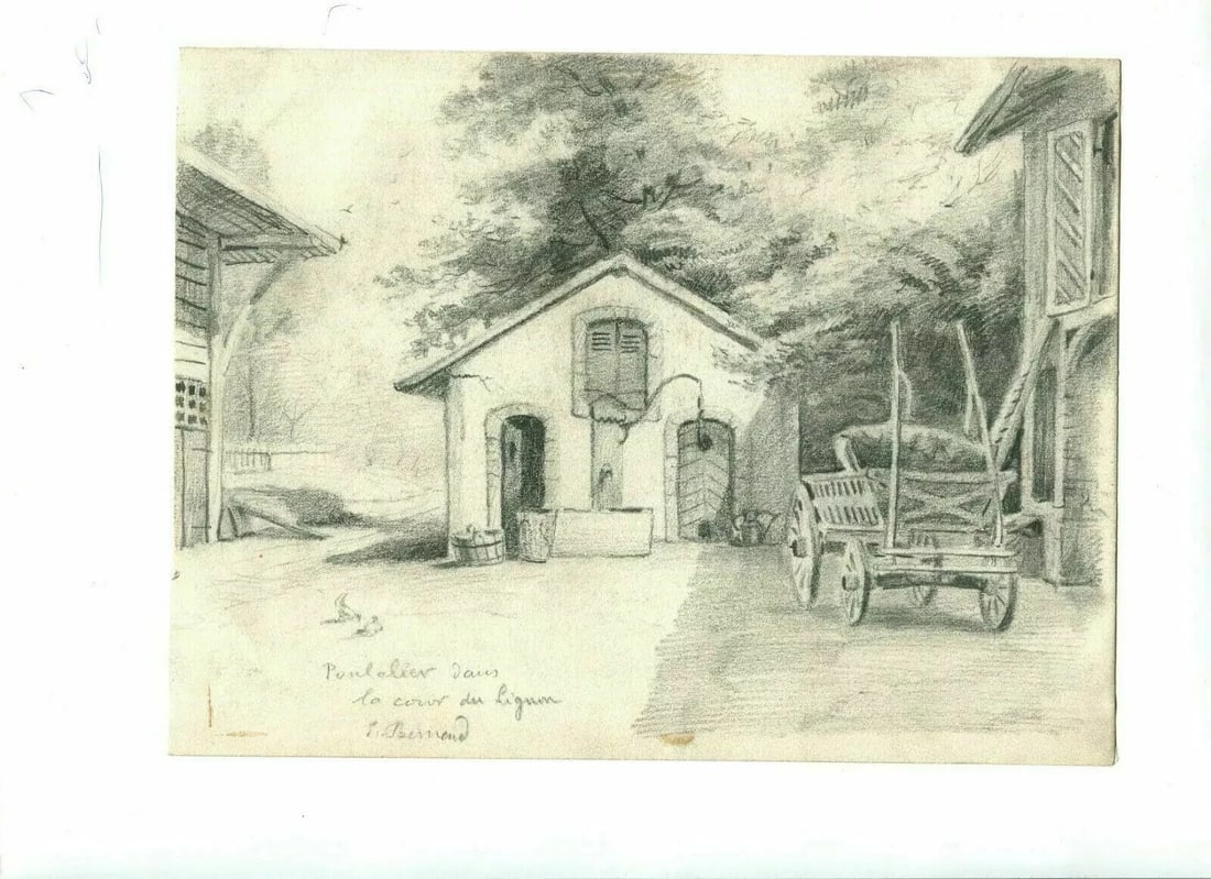 Antique Original Pencil Drawing Sketch Poultry, Courtyard, Lignon - 5