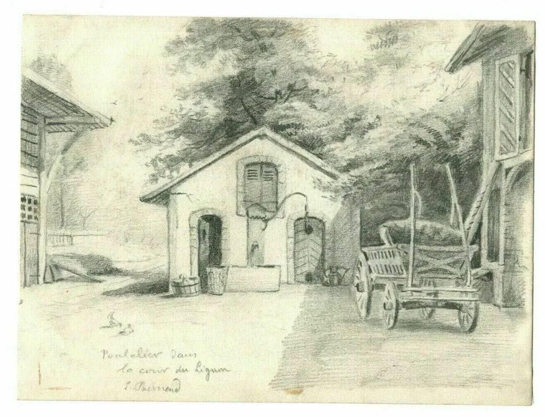 Antique Original Pencil Drawing Sketch Poultry, Courtyard, Lignon - 7