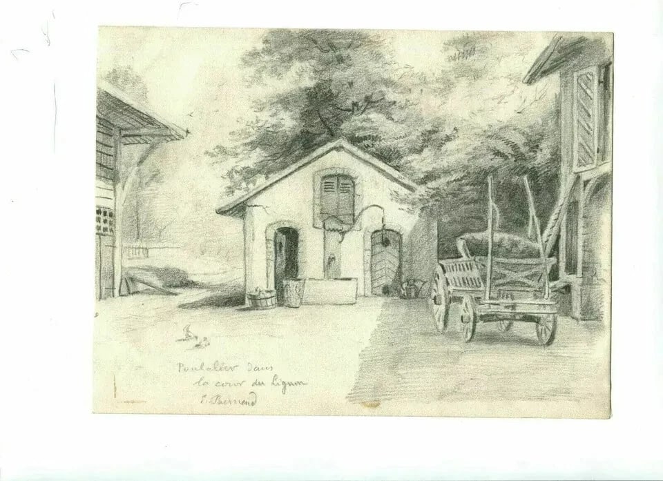 Antique Original Pencil Drawing Sketch Poultry, Courtyard, Lignon - 8
