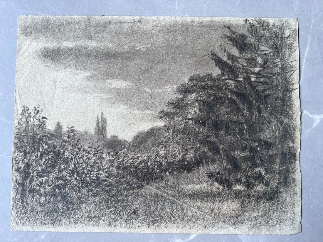 Antique Original Drawing Mountain Landscape, Trees, Forest - 2