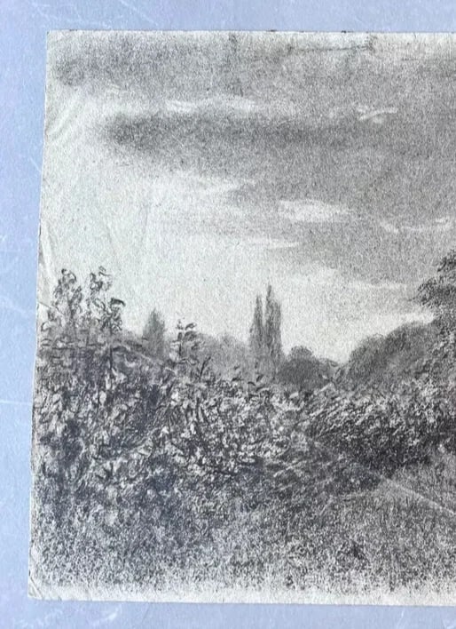 Antique Original Drawing Mountain Landscape, Trees, Forest - 5