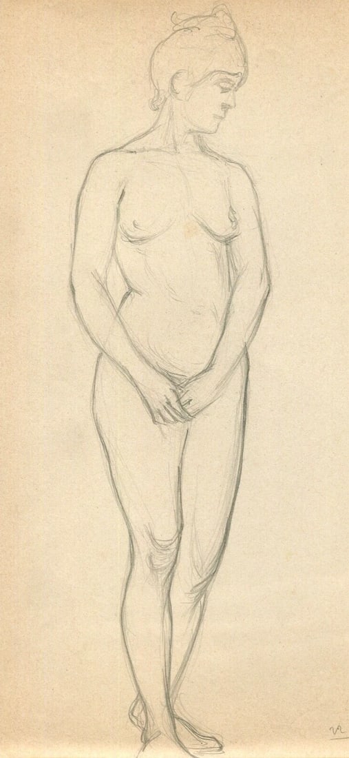 Antique Old Pencil Drawing Original Woman Standing Portrait 1901: Title: Antique Old Pencil Drawing Original Woman Standing Portrait 1901 Description: Antique Old Pencil Drawing Original Woman Standing Up Pencil on paper 31 x 21 cm stains, folds Reserve: $35.00 Ship