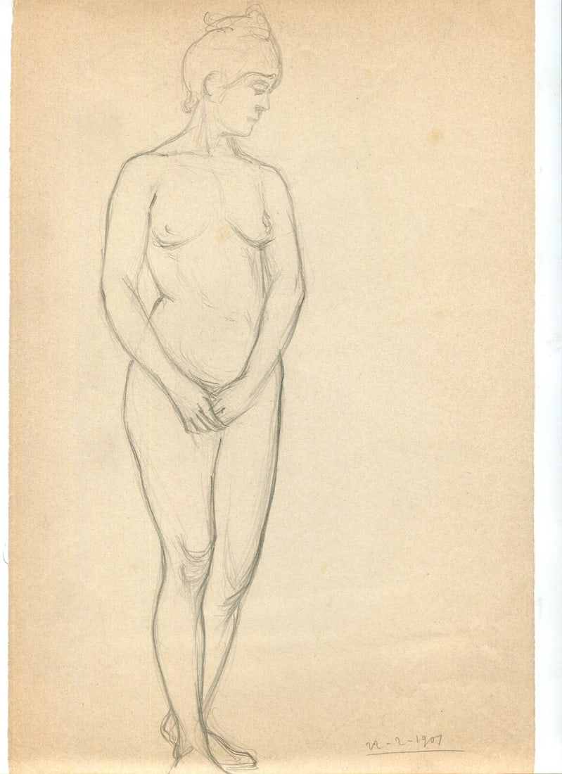 Antique Old Pencil Drawing Original Woman Standing Portrait 1901 - 2