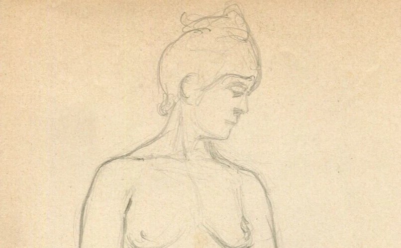 Antique Old Pencil Drawing Original Woman Standing Portrait 1901 - 3