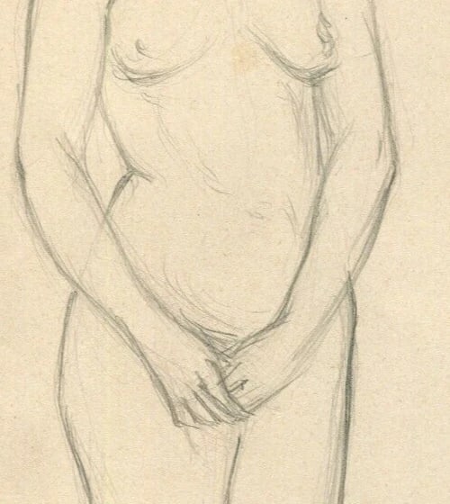 Antique Old Pencil Drawing Original Woman Standing Portrait 1901 - 5