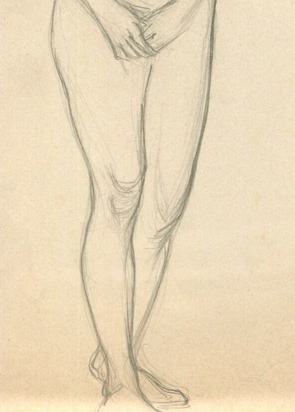 Antique Old Pencil Drawing Original Woman Standing Portrait 1901 - 6