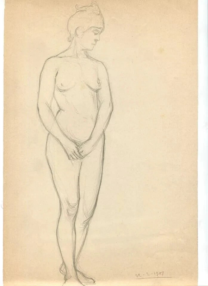 Antique Old Pencil Drawing Original Woman Standing Portrait 1901 - 8