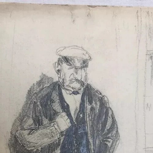 Vintage Original Drawing Portrait Man with Moustache - 4