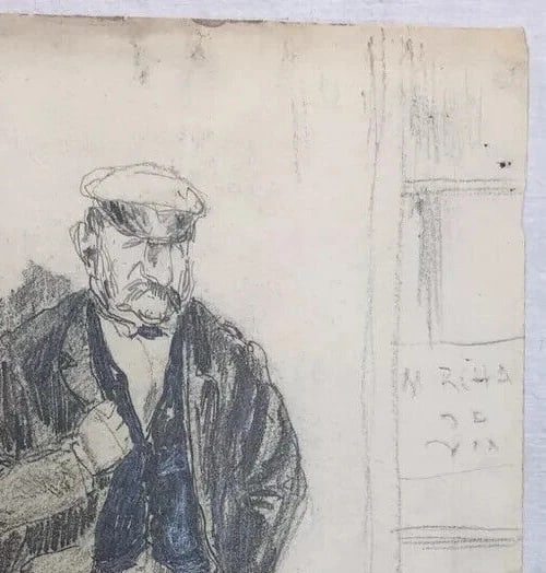 Vintage Original Drawing Portrait Man with Moustache - 7