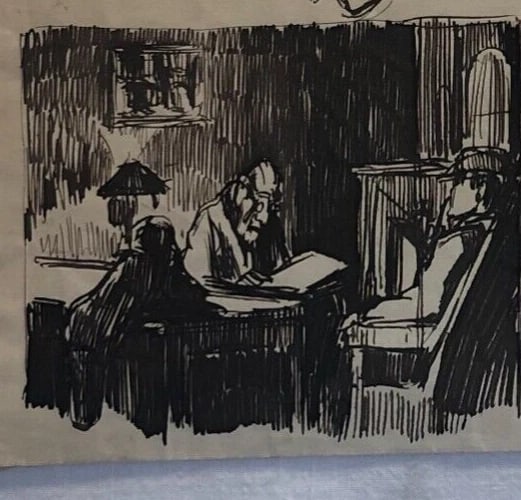 Vintage Original Drawing Man Reading, People Portraits - 3