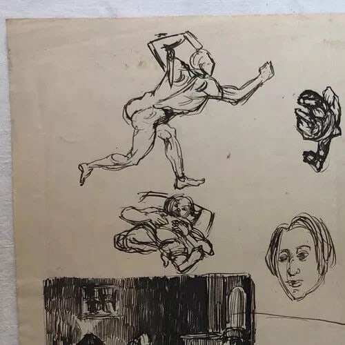 Vintage Original Drawing Man Reading, People Portraits - 4
