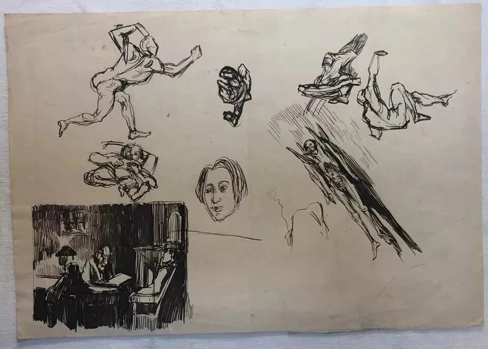 Vintage Original Drawing Man Reading, People Portraits - 5