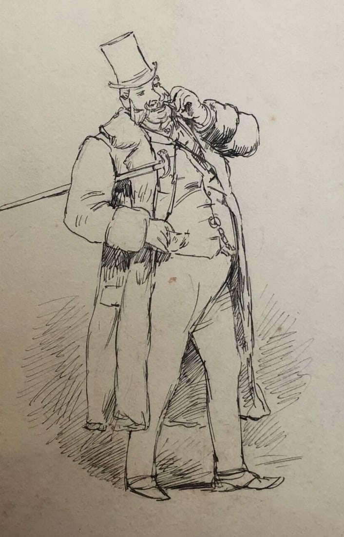 Vintage Original Drawing Portrait Man with Moustache and Cane: Title: Vintage Original Drawing Portrait Man with Moustache and Cane Description: Vintage Original Drawing Portrait Man with Moustache and Cane Ink on paper 26 x 18 cm stains, folds Reserve: $35.00 Sh