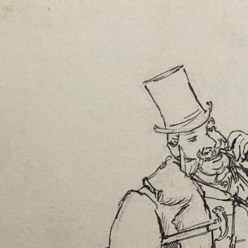 Vintage Original Drawing Portrait Man with Moustache and Cane - 2