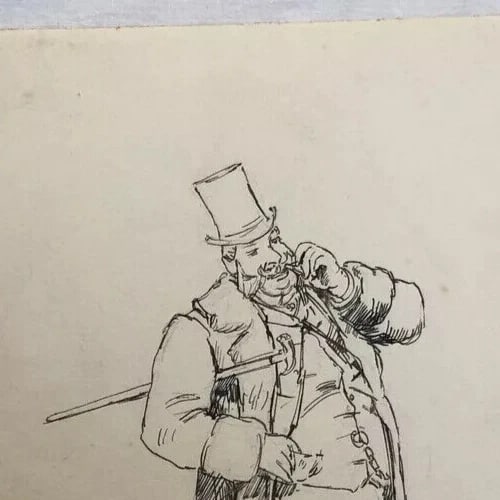Vintage Original Drawing Portrait Man with Moustache and Cane - 3