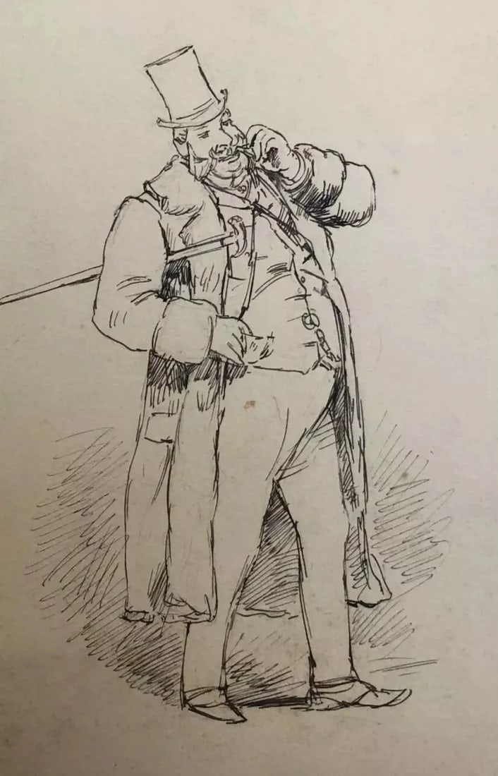 Vintage Original Drawing Portrait Man with Moustache and Cane - 4