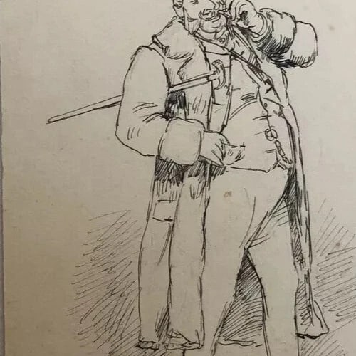 Vintage Original Drawing Portrait Man with Moustache and Cane - 5