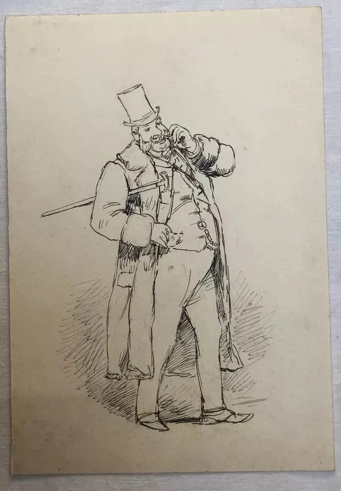 Vintage Original Drawing Portrait Man with Moustache and Cane - 6