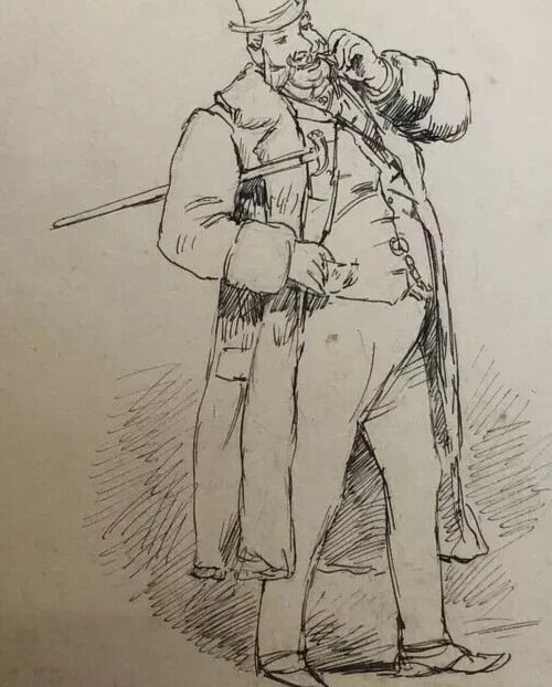 Vintage Original Drawing Portrait Man with Moustache and Cane - 7