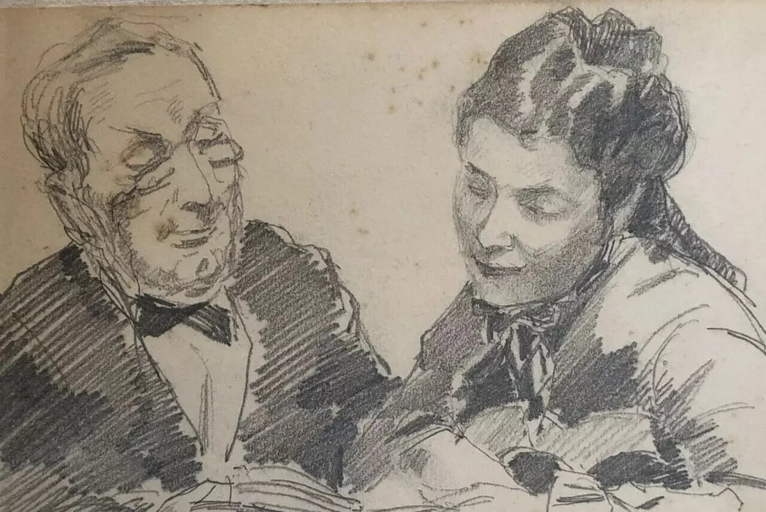 Vintage Original Drawing Couple, Portrait Man, Woman - 3