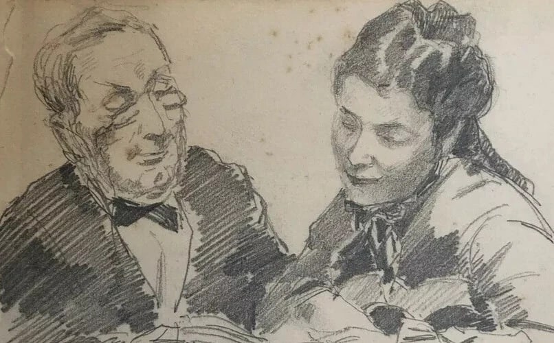 Vintage Original Drawing Couple, Portrait Man, Woman - 7