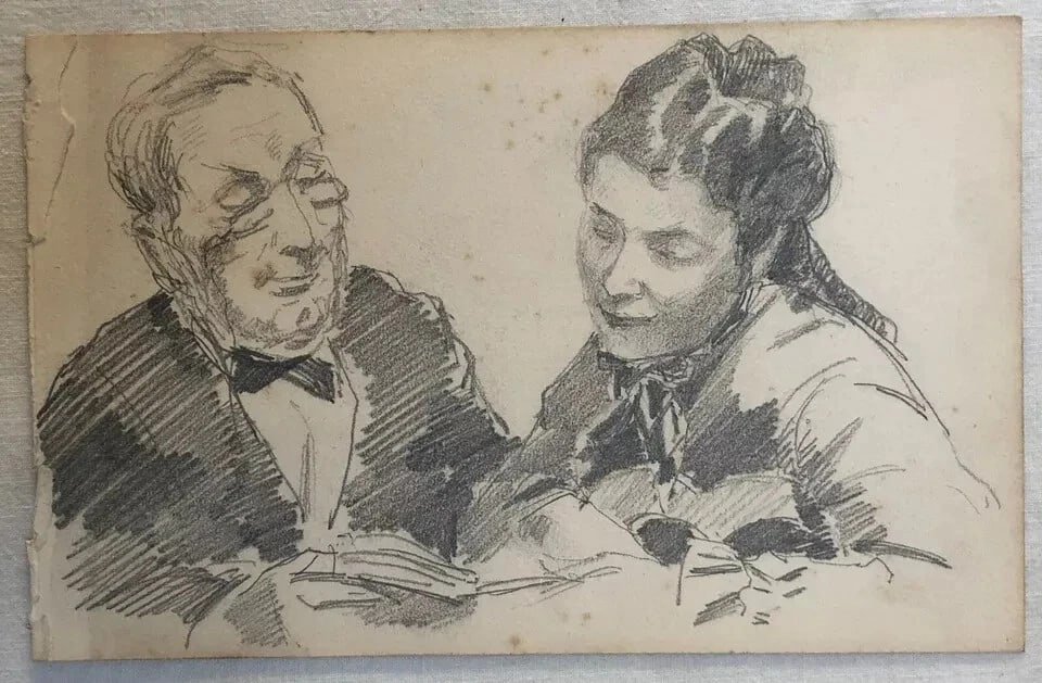 Vintage Original Drawing Couple, Portrait Man, Woman - 8
