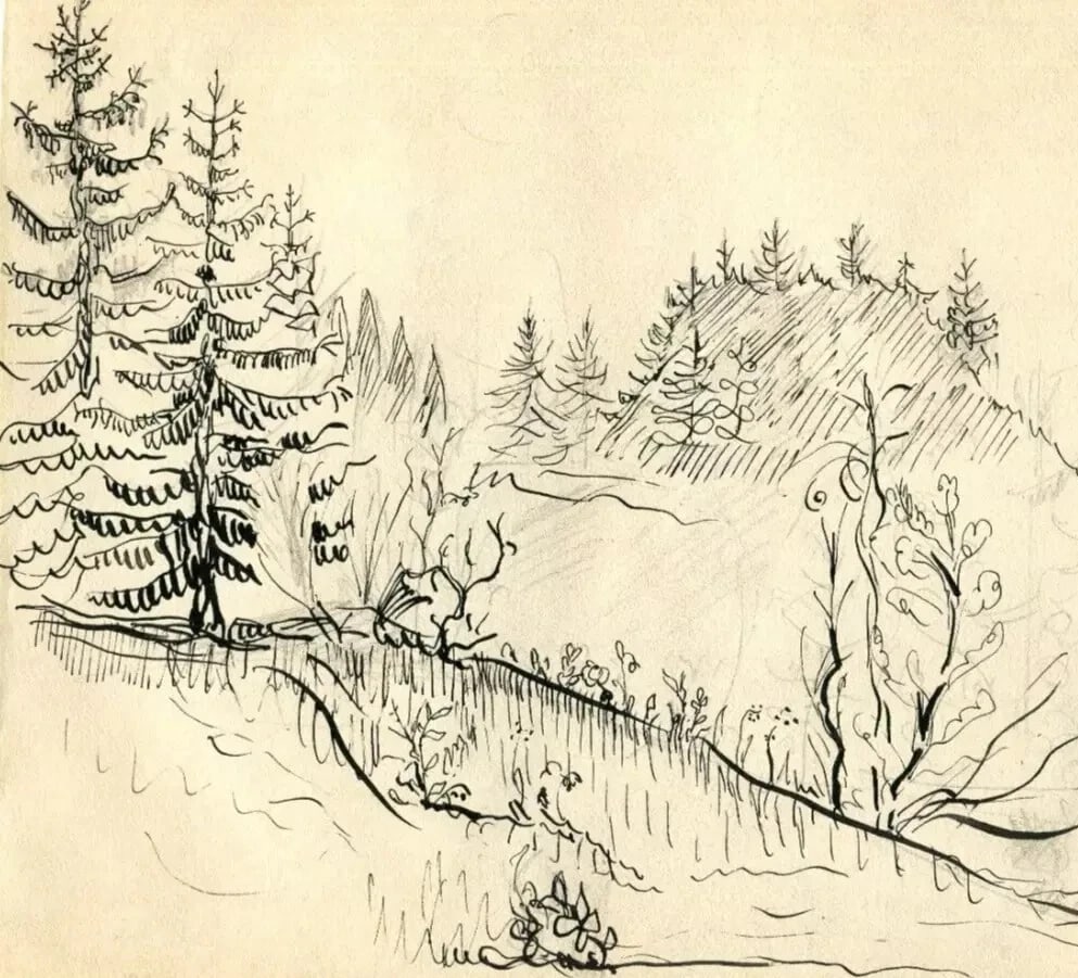 Mountain, Trees, Landscape, Forest - Drawing Vintage Ink Original Artwork (1 of 8)