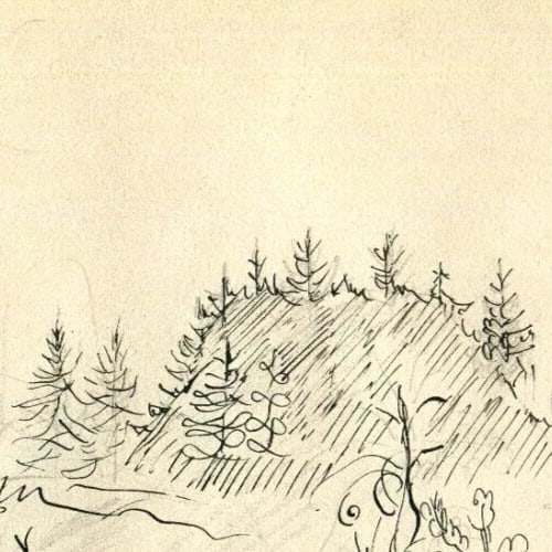Mountain, Trees, Landscape, Forest - Drawing Vintage Ink Original Artwork - 4