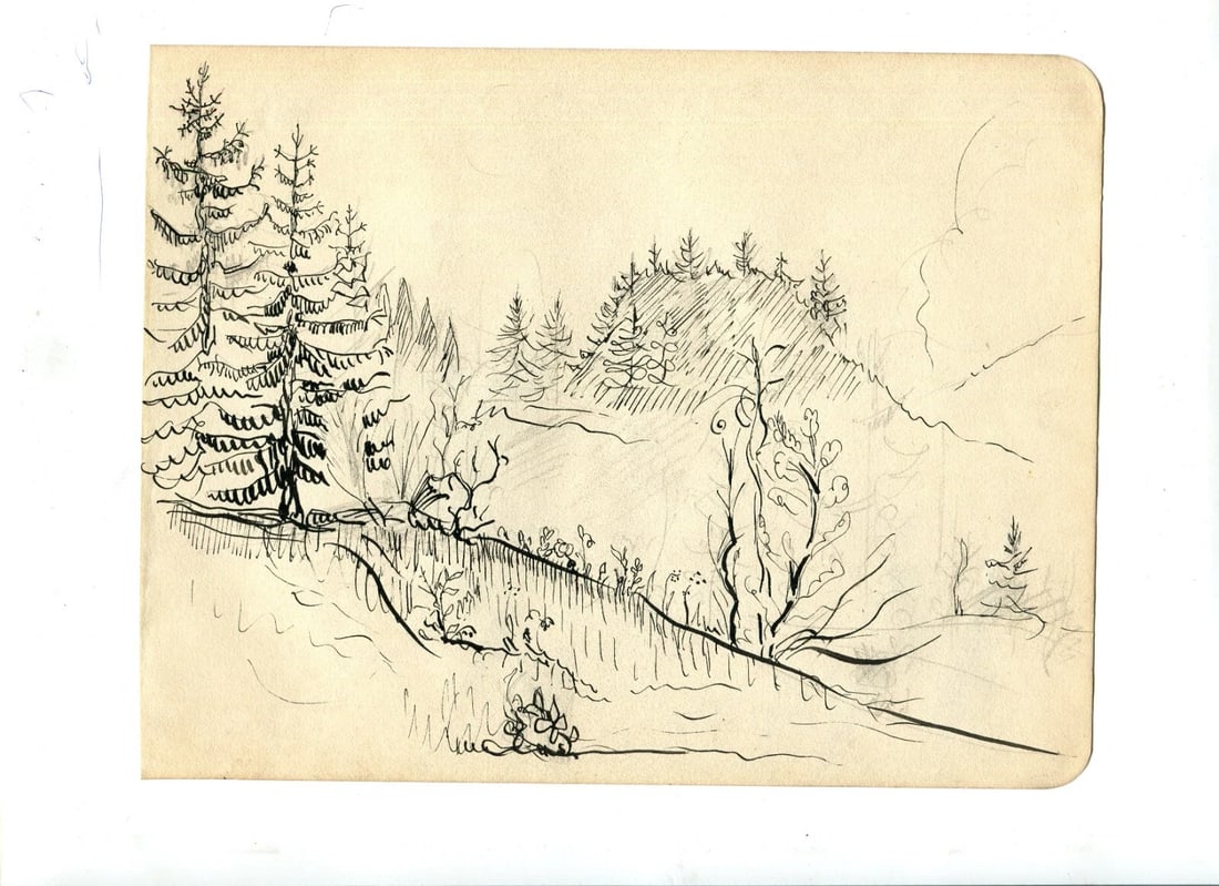 Mountain, Trees, Landscape, Forest - Drawing Vintage Ink Original Artwork - 5