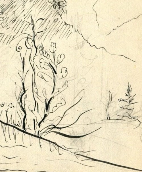 Mountain, Trees, Landscape, Forest - Drawing Vintage Ink Original Artwork - 6