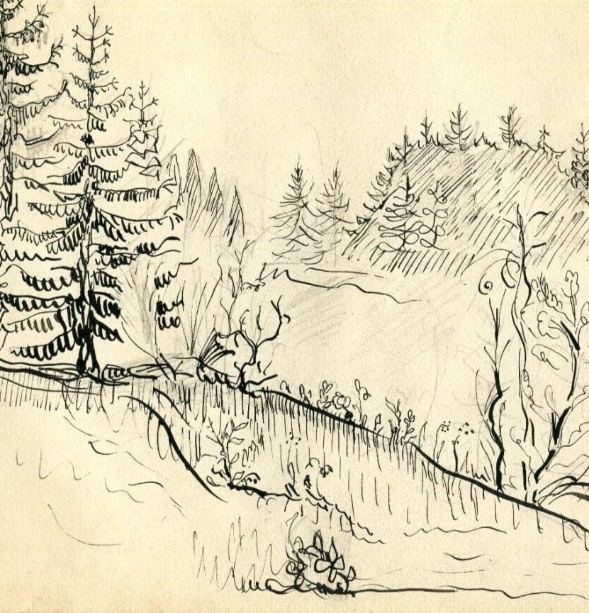 Mountain, Trees, Landscape, Forest - Drawing Vintage Ink Original Artwork - 7