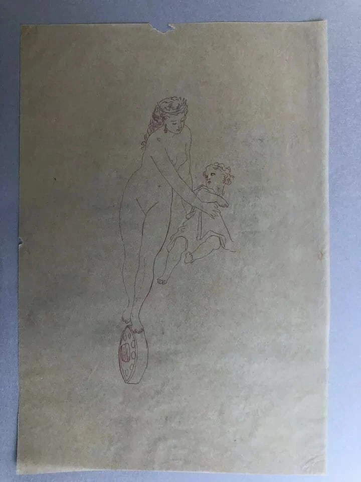 Angel and Woman, People Drawing Antique Ink Original - 2