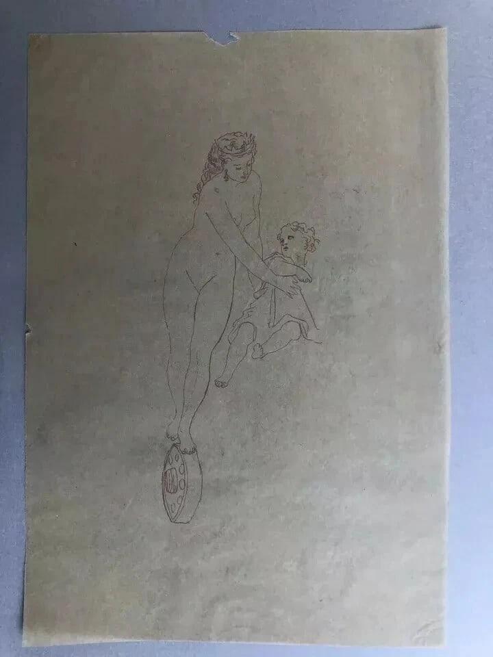 Angel and Woman, People Drawing Antique Ink Original - 8