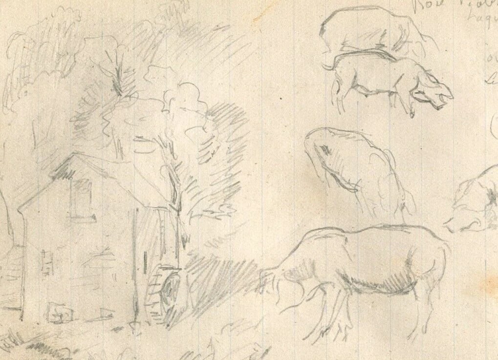 Pigs, House - Drawing Vintage Pencil Drawing Original Sketch Artwork - 7