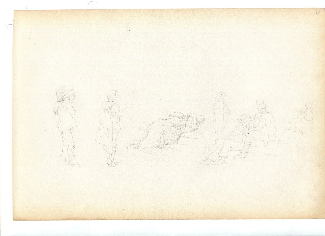 Sketches, People, Life Scene Drawing Antique Pencil Original - 2