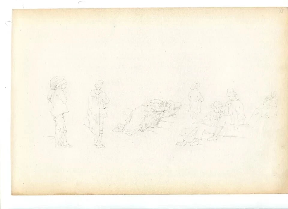 Sketches, People, Life Scene Drawing Antique Pencil Original - 4