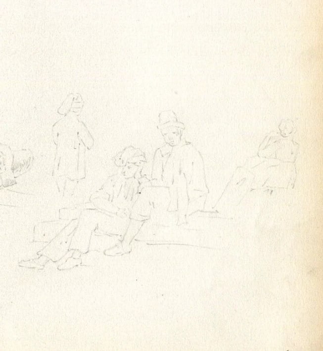 Sketches, People, Life Scene Drawing Antique Pencil Original - 6