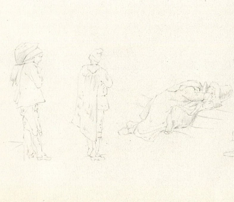 Sketches, People, Life Scene Drawing Antique Pencil Original - 7