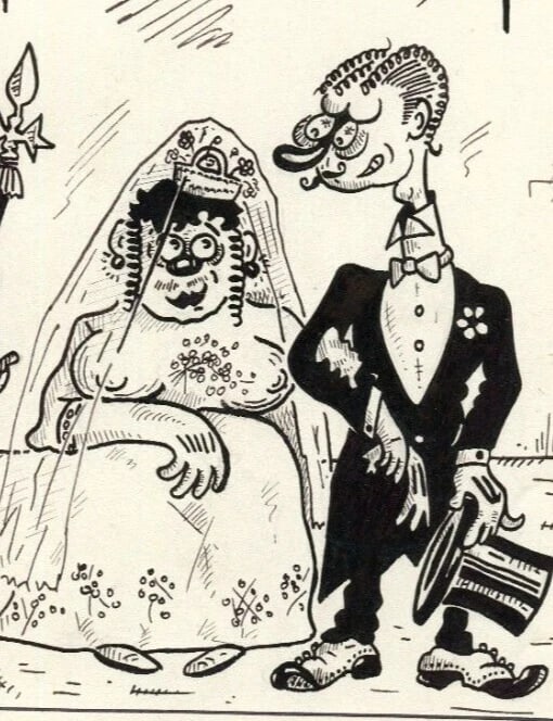 Caricature Wedding Couple - Drawing Vintage Ink Original Signed Artwork - 2