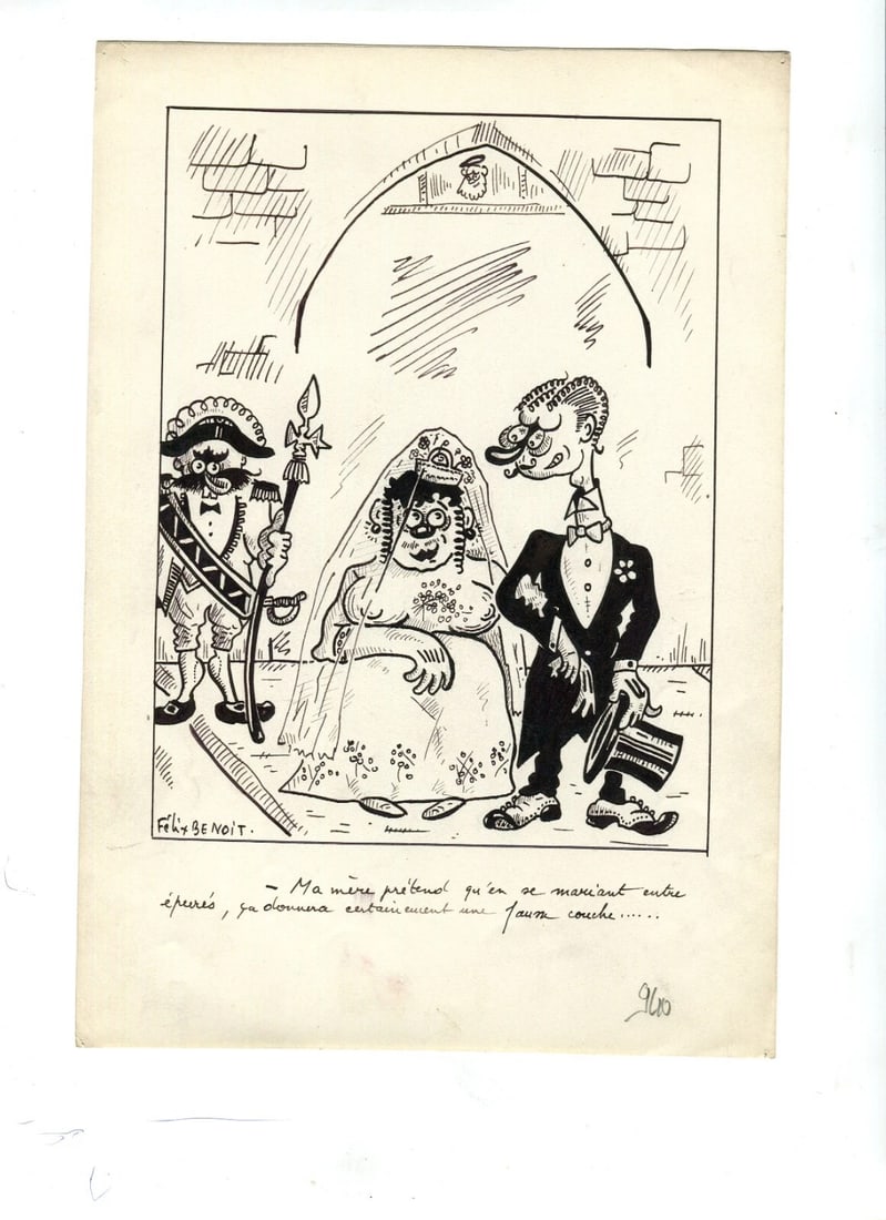 Caricature Wedding Couple - Drawing Vintage Ink Original Signed Artwork - 6