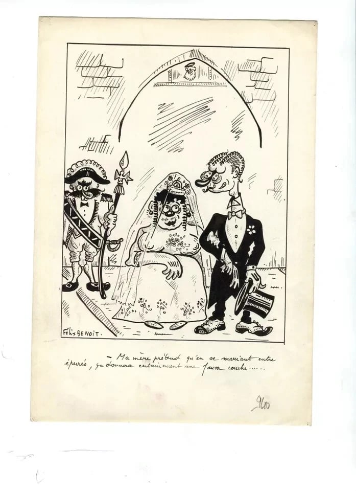 Caricature Wedding Couple - Drawing Vintage Ink Original Signed Artwork - 8
