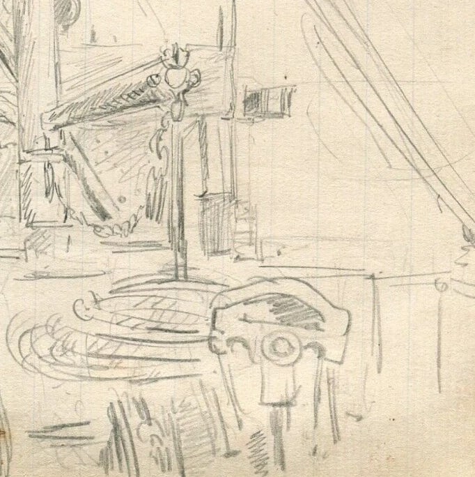 Bow of a Boat, Maritime, Architecture - Drawing Vintage Pencil Original - 5