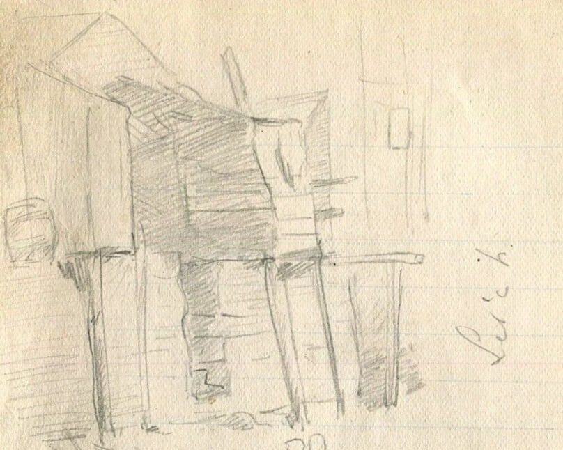 House, Building, Architecture, Cityview Sketch - Drawing Vintage Pencil Original - 3