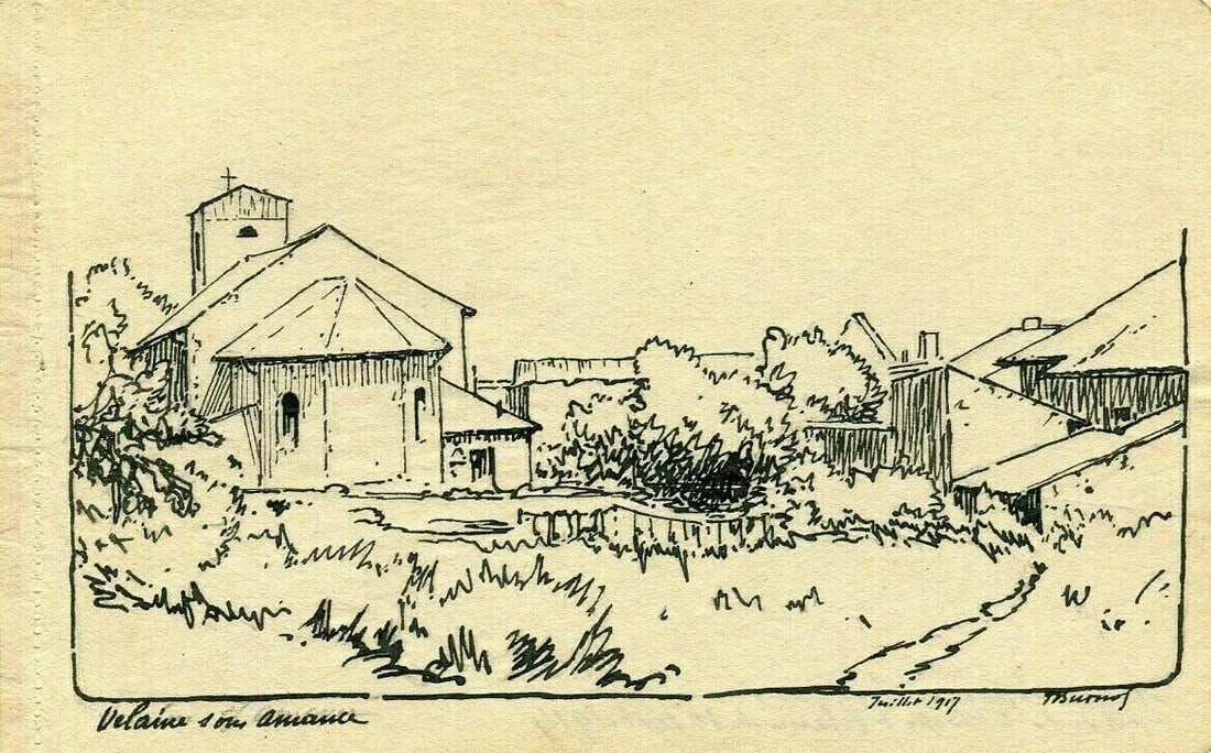 Velaine-sous-Amance Church Landscape - Antique Ink Drawing signed (1 of 8)